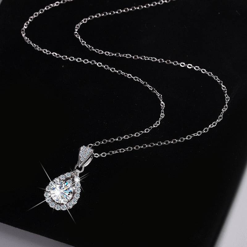 S925 High Carbon CZ Teardrop Halo Pendant Necklace with Pavé Top Frame, 6-11mm Cubic Zirconia, Sterling Silver Pear Shape Pendant for Her