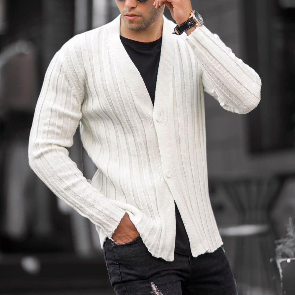 European And American Men's Solid Color Cardigan Pit Strip Casual Slim Sweater Knit Sweater
