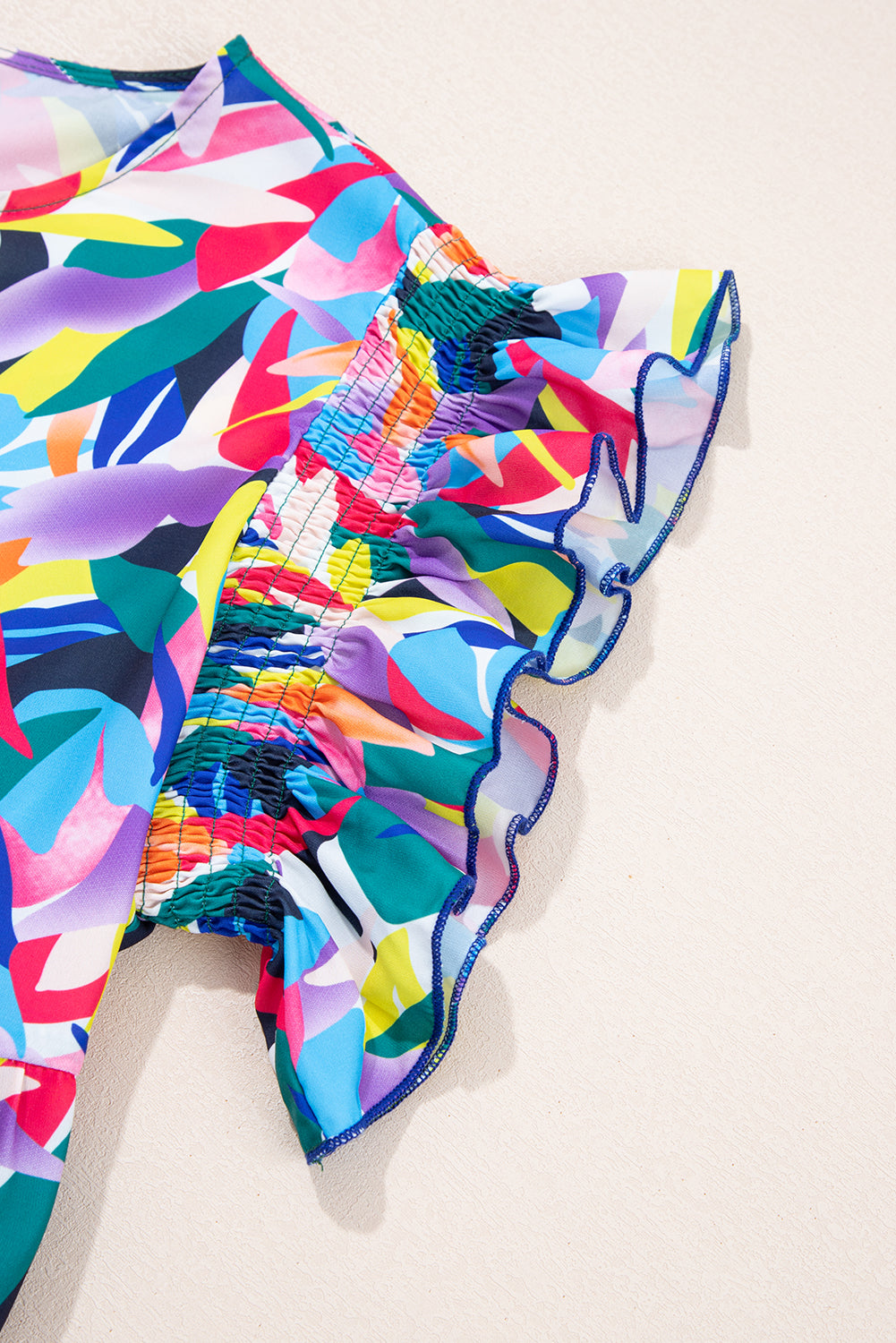 Blue Abstract Print Ruffle Sleeve Plus Size Tiered Maxi Dress