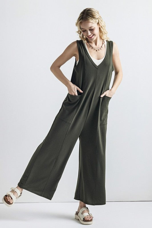 Plus Oversized Patched Pocket V-Neck Jumpsuit