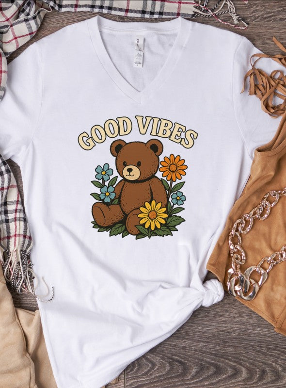 Good Vibes Teddy Bear V-Neck Graphic Tee