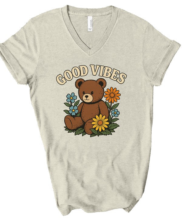 Good Vibes Teddy Bear V-Neck Graphic Tee