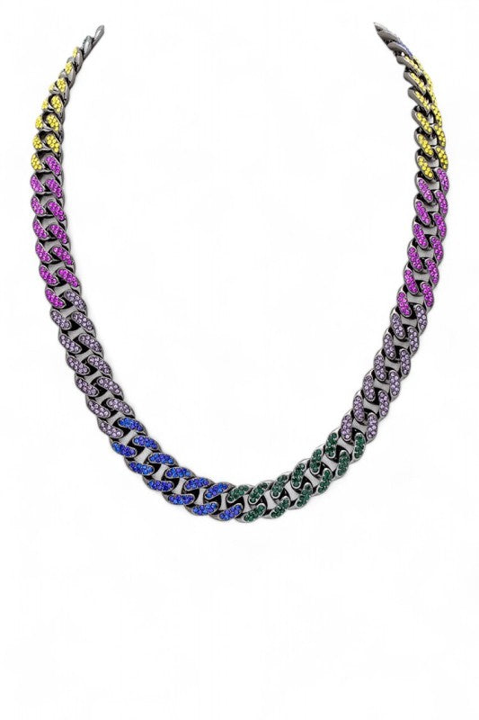 Multi Color Rhinestone Cuban Chain Necklace