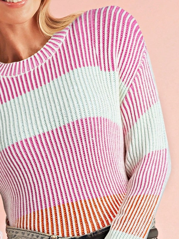 Cotton Color block Lantern Rib Knitted Sweater