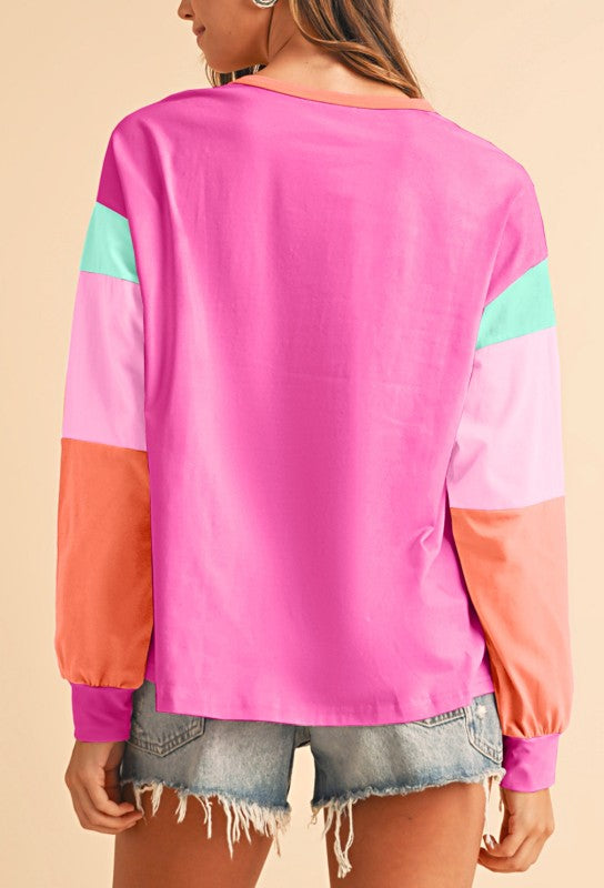 Boho Cotton 90's Color Block Sleeve Loose Fit Top