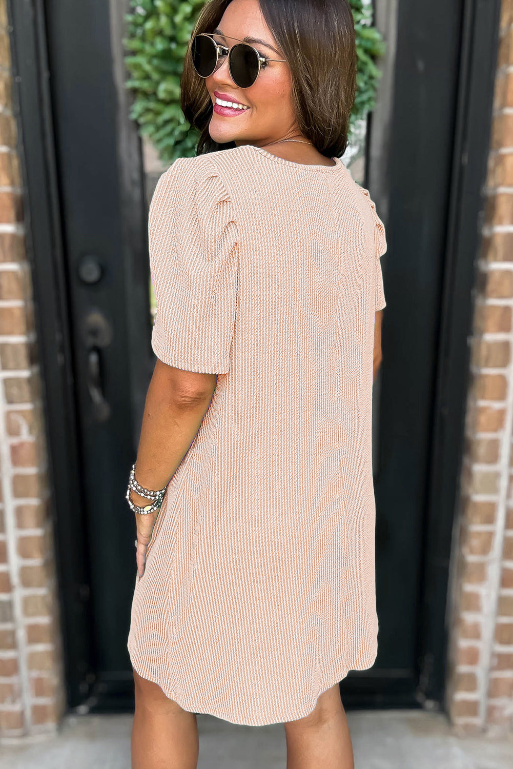 Blossom Corded Crew Neck Puff Sleeve Mini Dress
