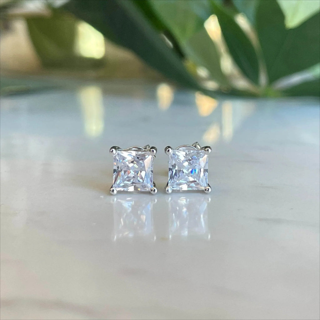 S925 Square Princess Cut CZ or Moissanite Stud Earrings, 0.6-2ct Sterling Silver Hypoallergenic Zirconia Gift for Her Him