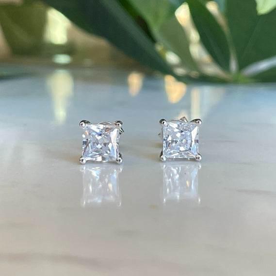 S925 Square Princess Cut CZ or Moissanite Stud Earrings, 0.6-2ct Sterling Silver Hypoallergenic Zirconia Gift for Her Him