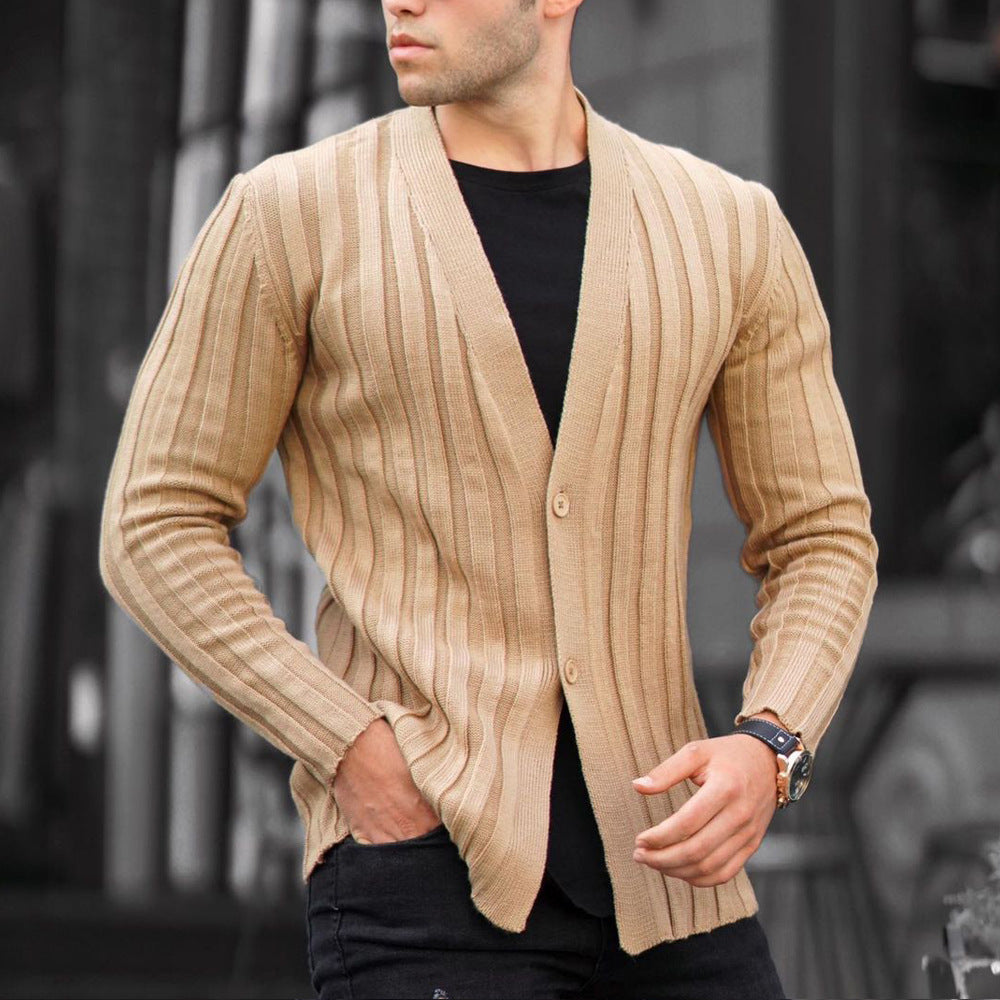 European And American Men's Solid Color Cardigan Pit Strip Casual Slim Sweater Knit Sweater