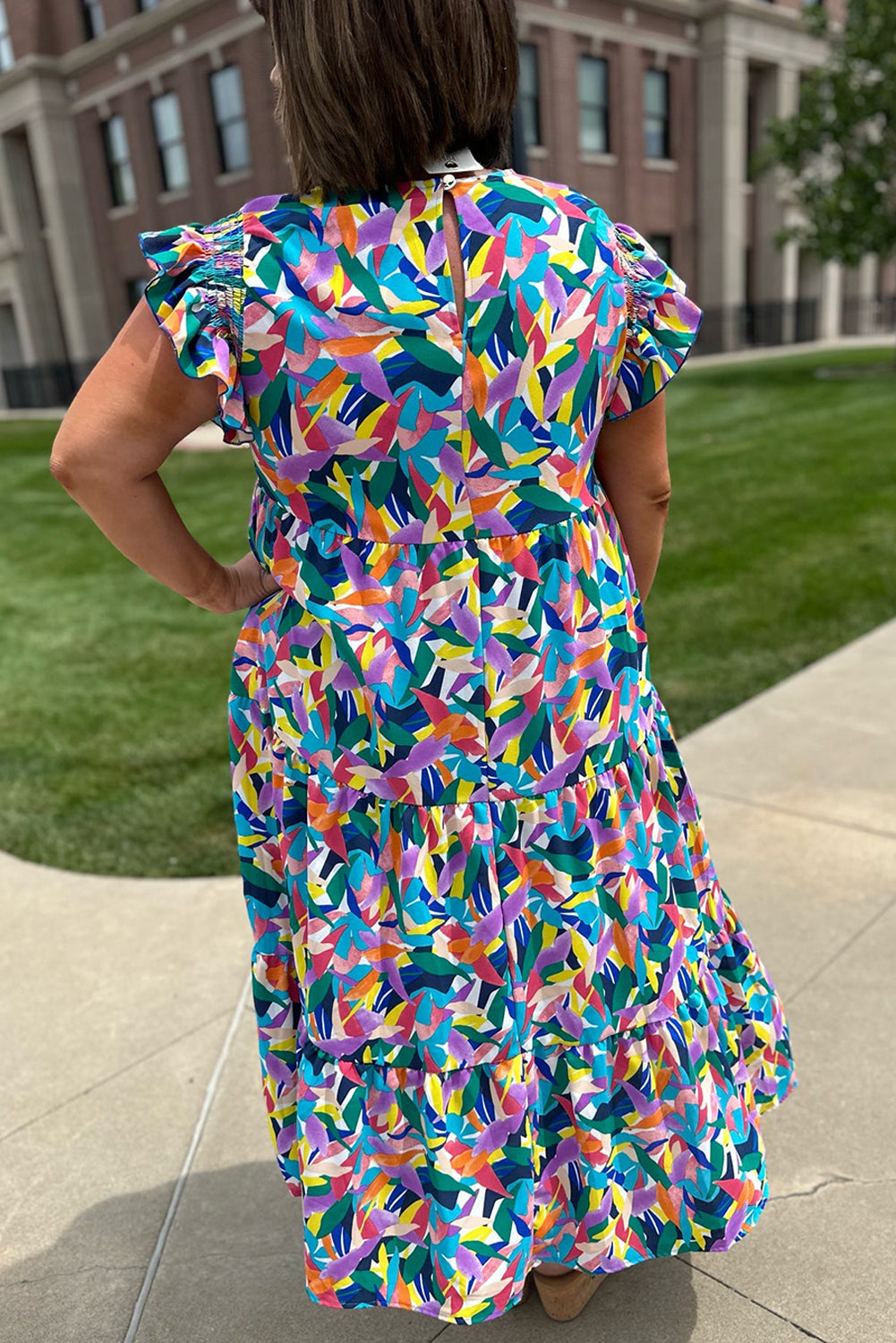 Blue Abstract Print Ruffle Sleeve Plus Size Tiered Maxi Dress