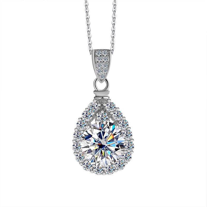 S925 High Carbon CZ Teardrop Halo Pendant Necklace with Pavé Top Frame, 6-11mm Cubic Zirconia, Sterling Silver Pear Shape Pendant for Her