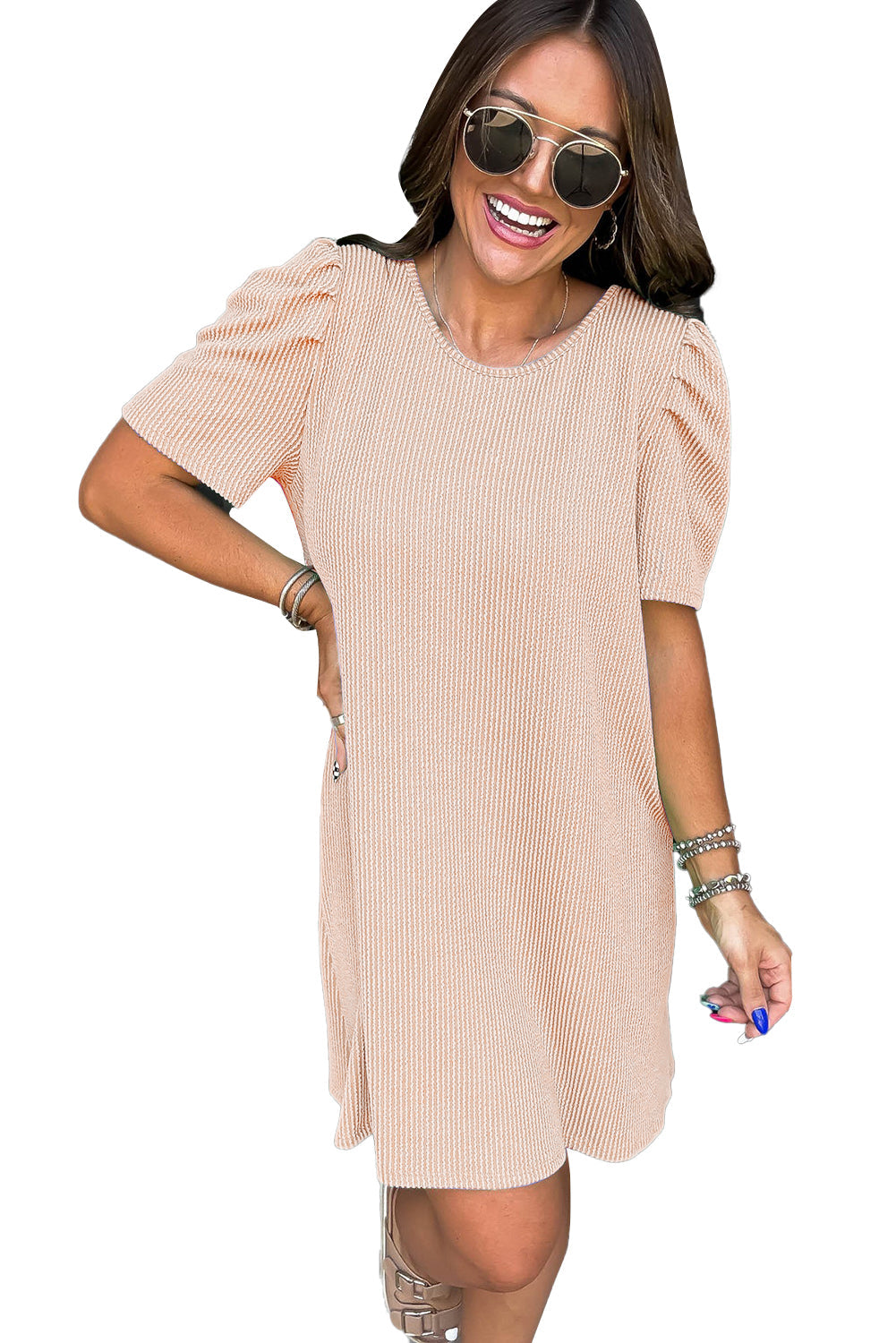 Blossom Corded Crew Neck Puff Sleeve Mini Dress