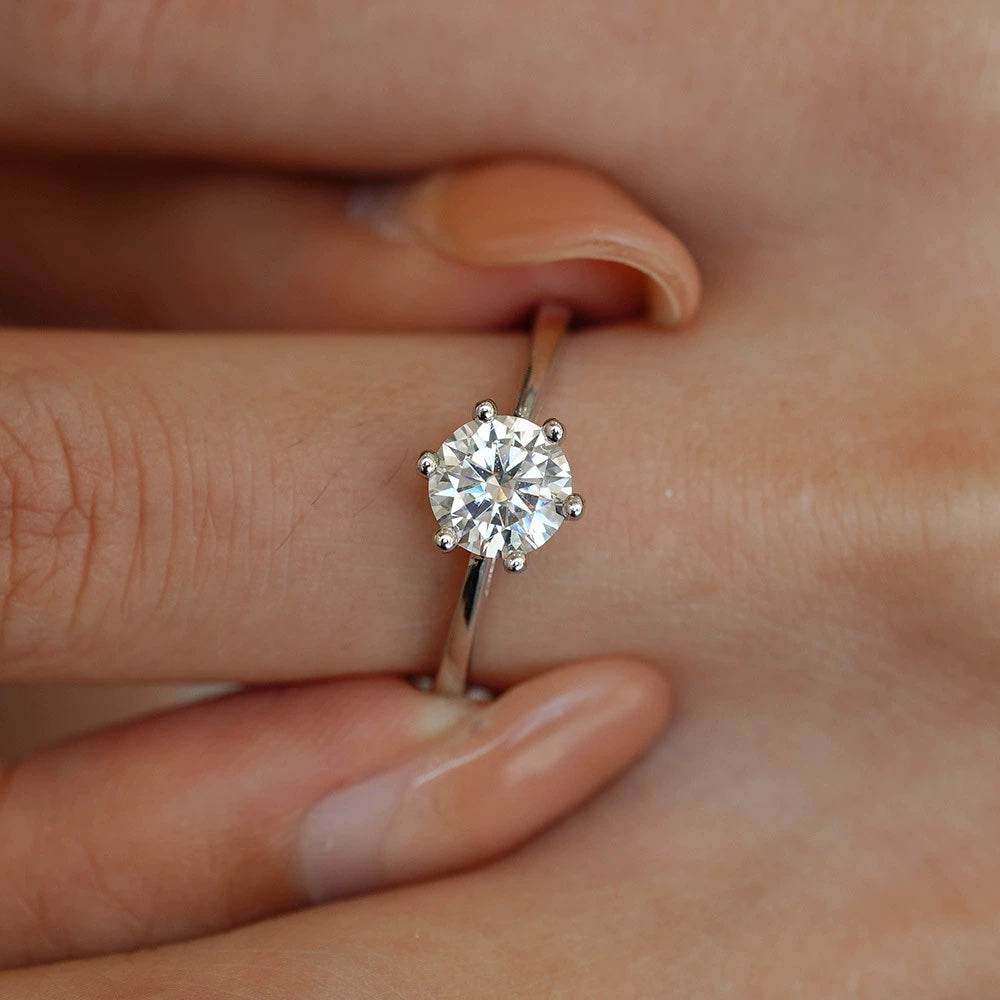 S925 Classic 6-Prong Moissanite Engagement Ring, 0.5–3ct Round Cut D-Grade VVS Certified Solitaire, Sterling Silver Wedding Gift for Her Him