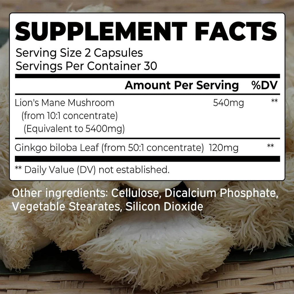 Lion's Mane Mushroom - Enhance Brain Function, Improve Memory & Cognition, Improve Mood, and Sleep Health - 60 Capsules