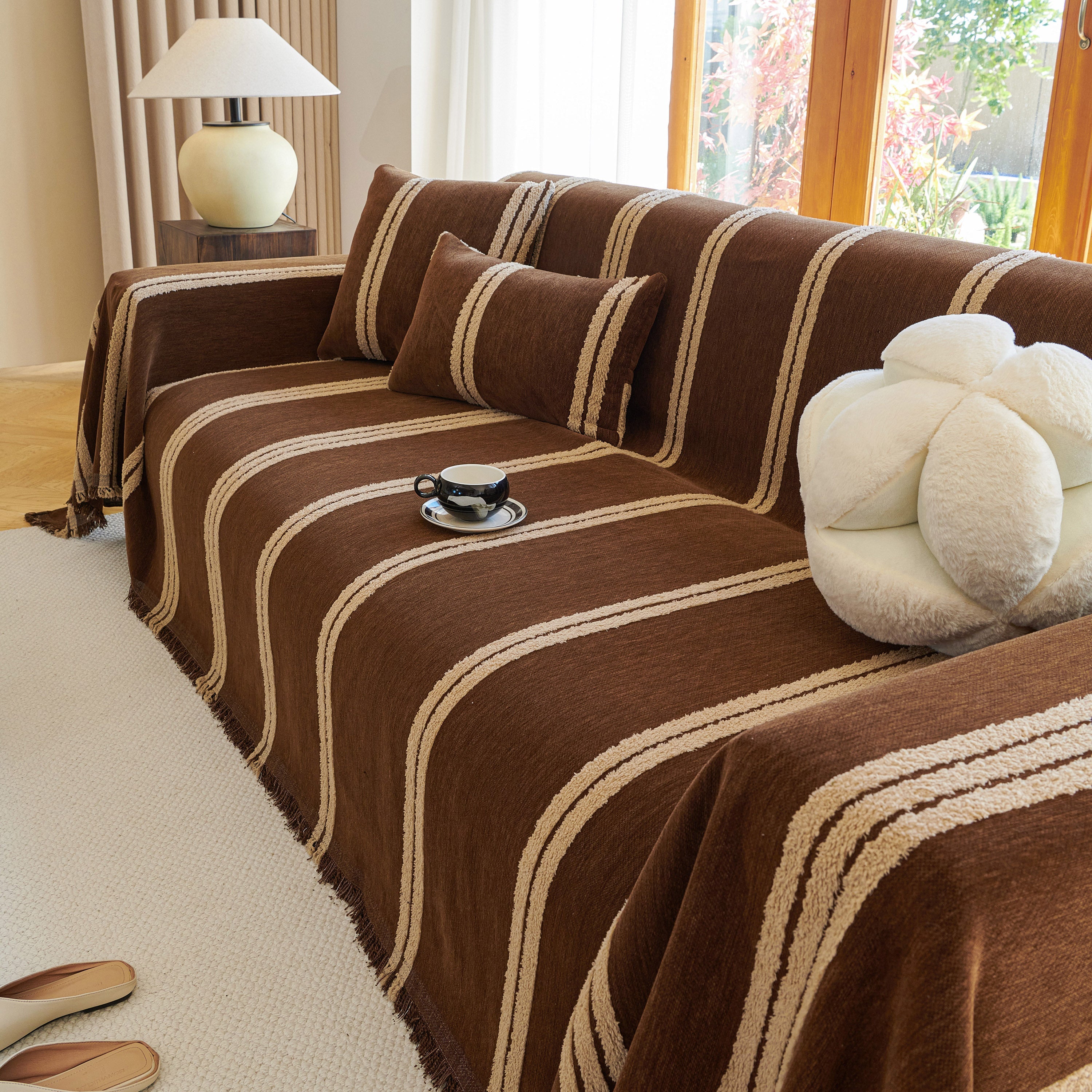 Textural Striped Chenille Sofa Covers, Boho Washable Decor Sofa Blankets Covers