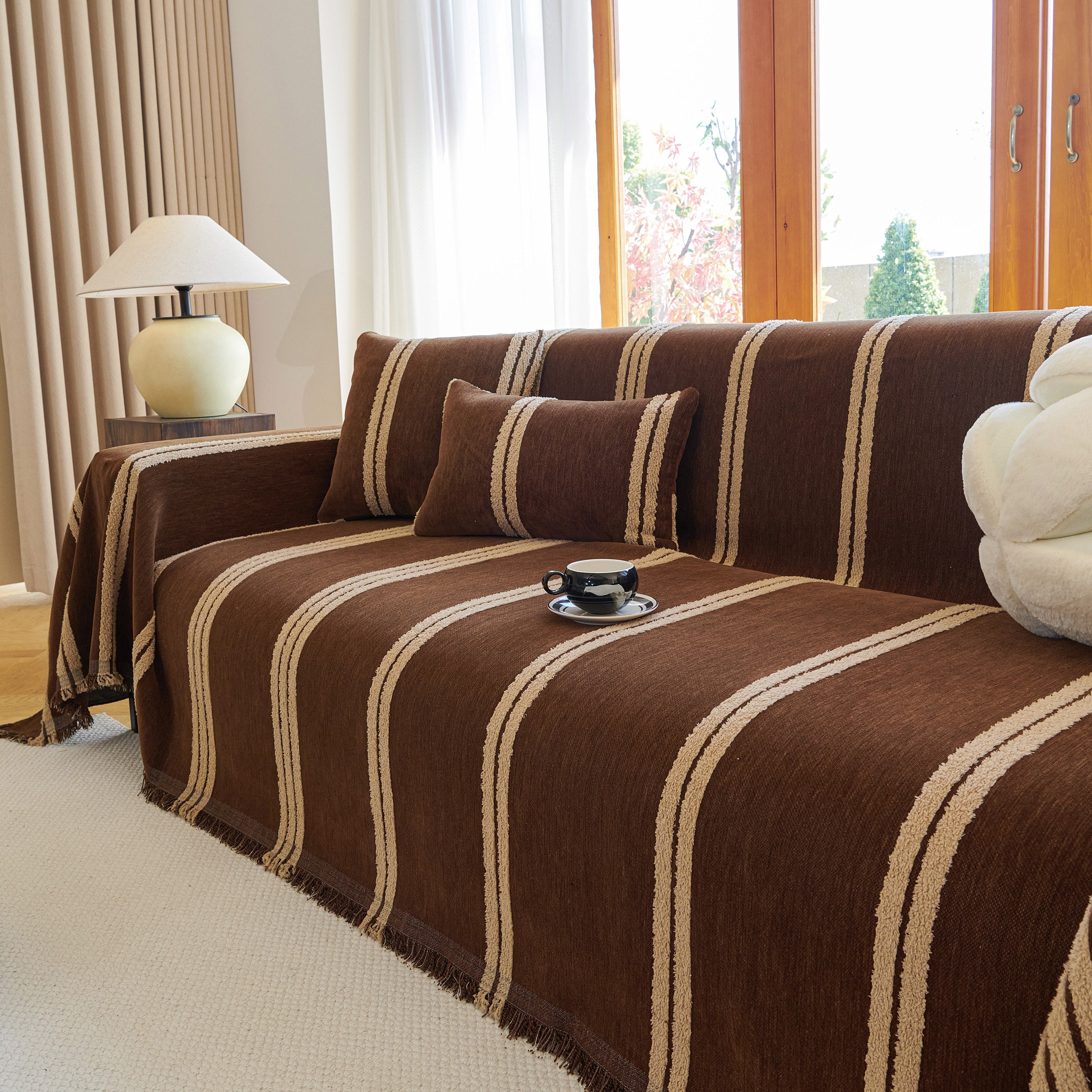 Textural Striped Chenille Sofa Covers, Boho Washable Decor Sofa Blankets Covers