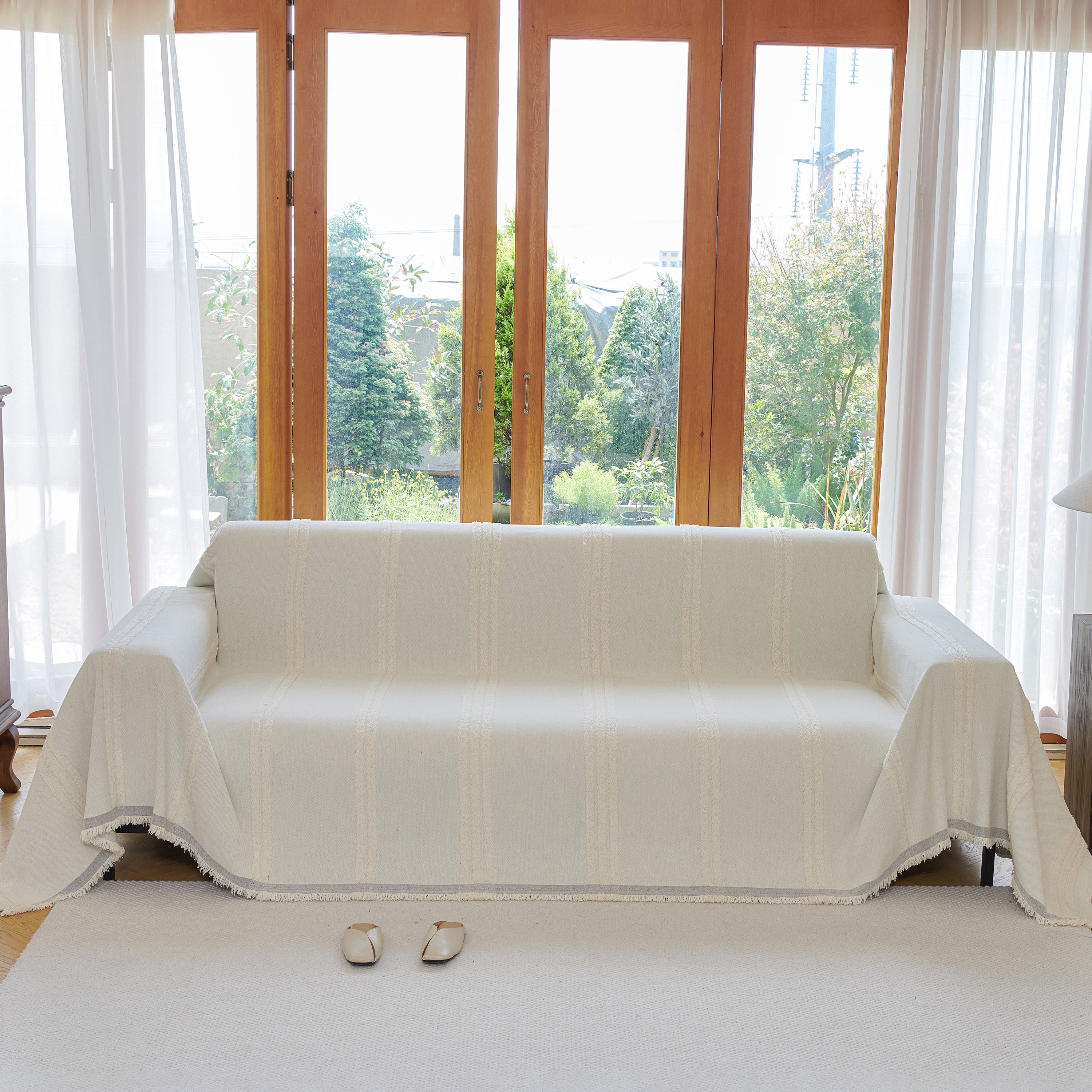 Textural Striped Chenille Sofa Covers, Boho Washable Decor Sofa Blankets Covers