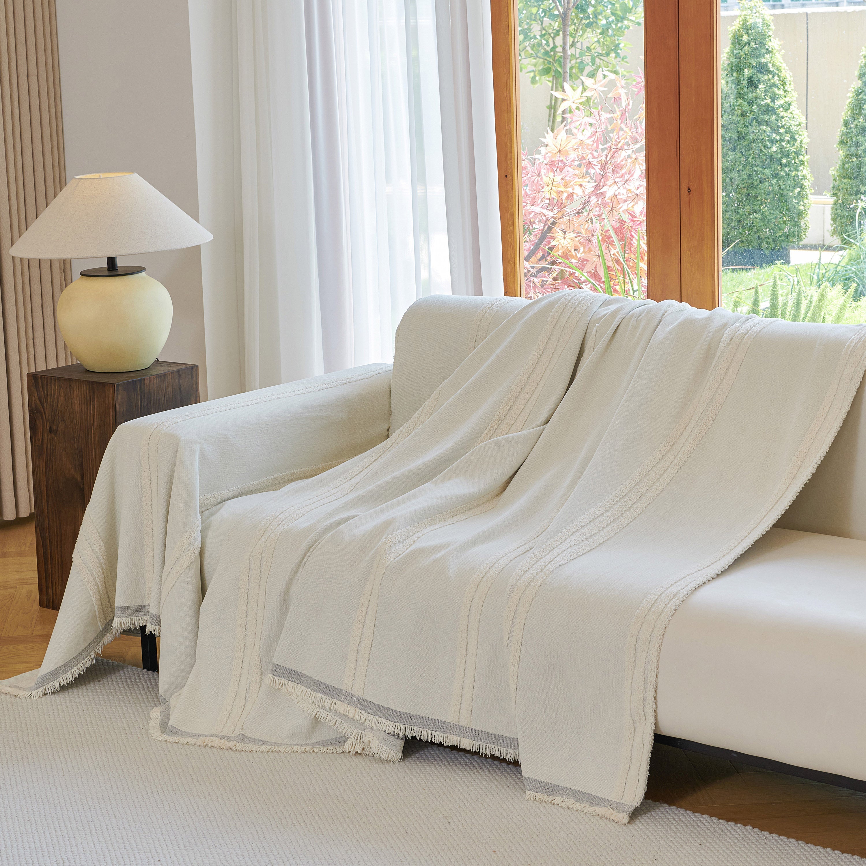 Textural Striped Chenille Sofa Covers, Boho Washable Decor Sofa Blankets Covers