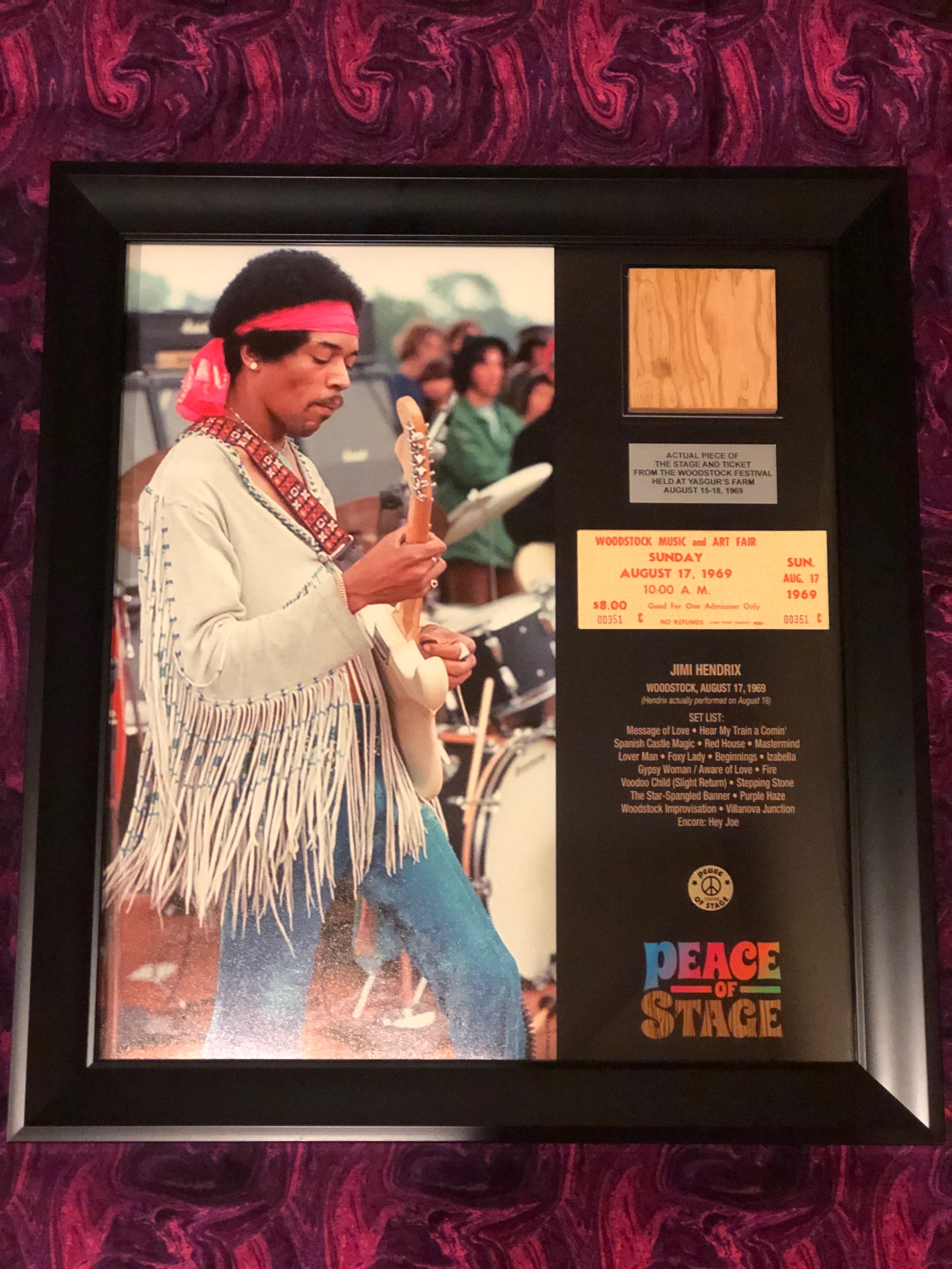 Limited Edition Jimi Hendrix Frame with Piece of 1969 Woodstock Stage and Original Ticket