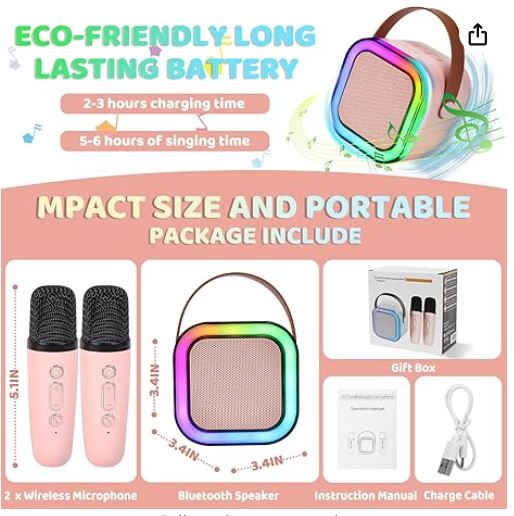 Kids Mini Karaoke Voice Changer Portable Bluetooth Speaker plus 2 Wireless Microphones