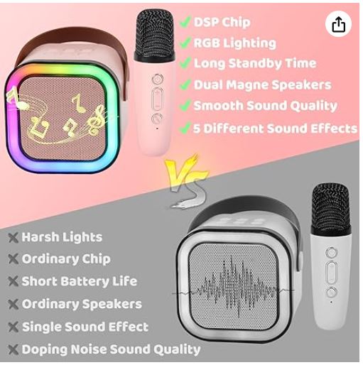 Kids Mini Karaoke Voice Changer Portable Bluetooth Speaker plus 2 Wireless Microphones