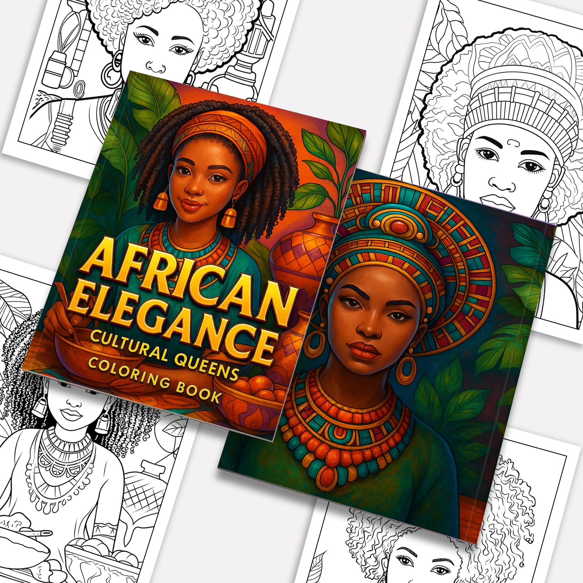 African Elegance Coloring Pages – 48 Pages – Beautiful Cultural Queens Portraits – For Adults