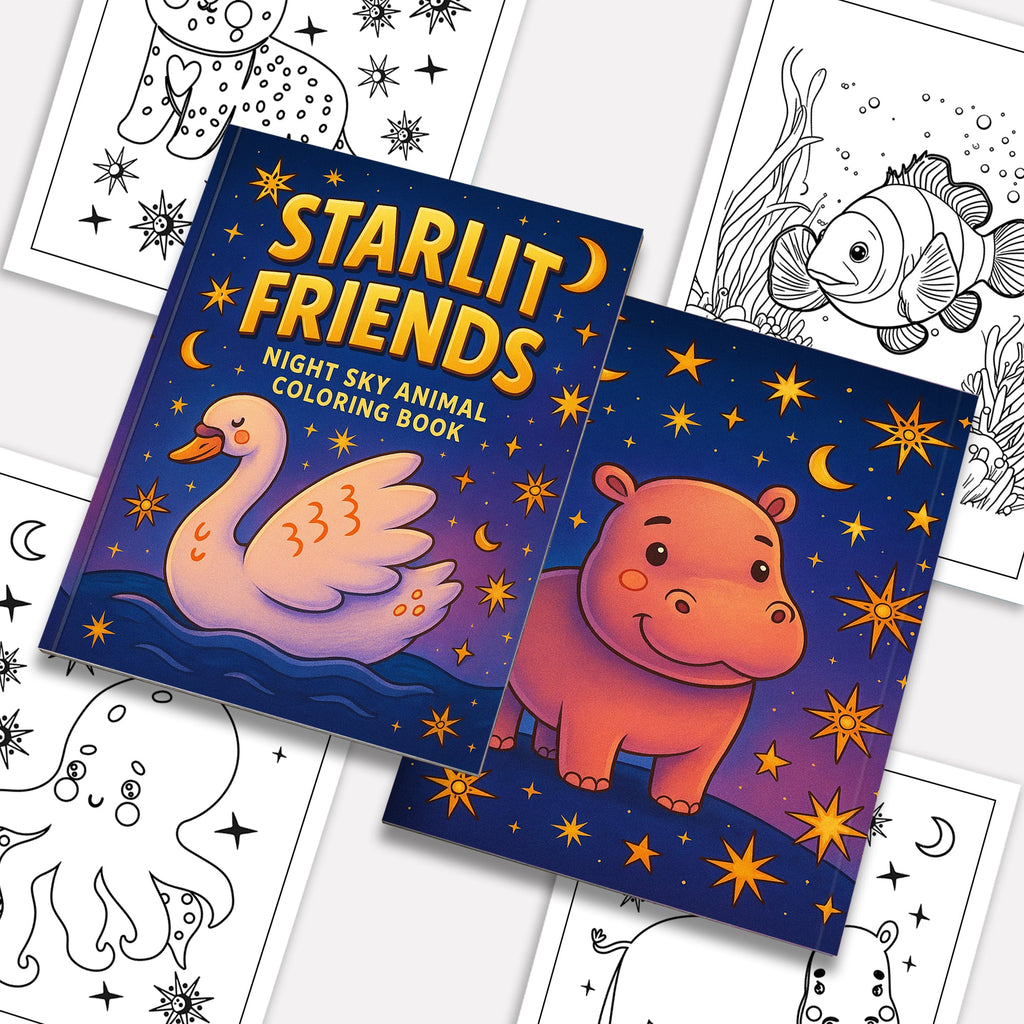Starlit Friends Coloring Pages – 48 Pages – Cute Night Animals – For Kids