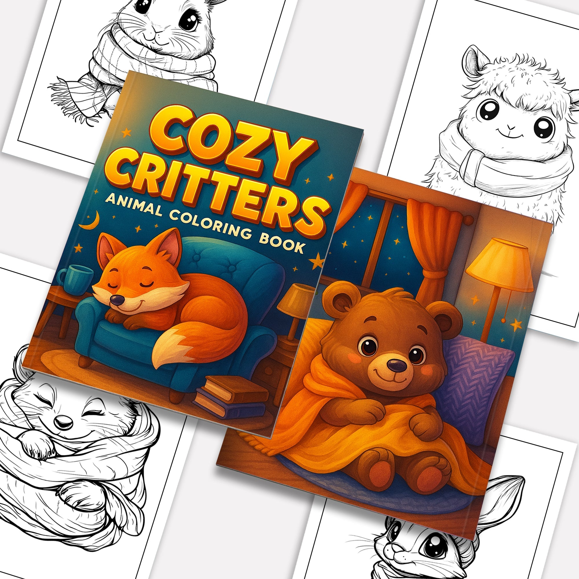 Cozy Critters Coloring Pages – 48 Pages – Cute Animals in Cozy Scenes – For Kids