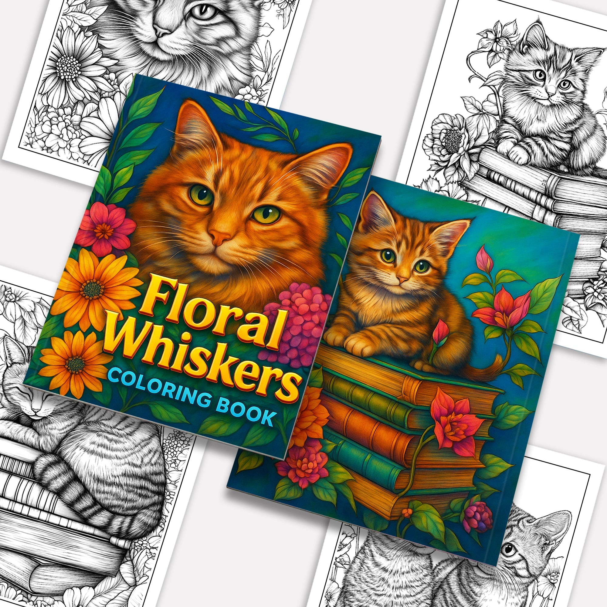Floral Whiskers Coloring Pages – 48 Whimsical Cat and Flower Scenes for Adults