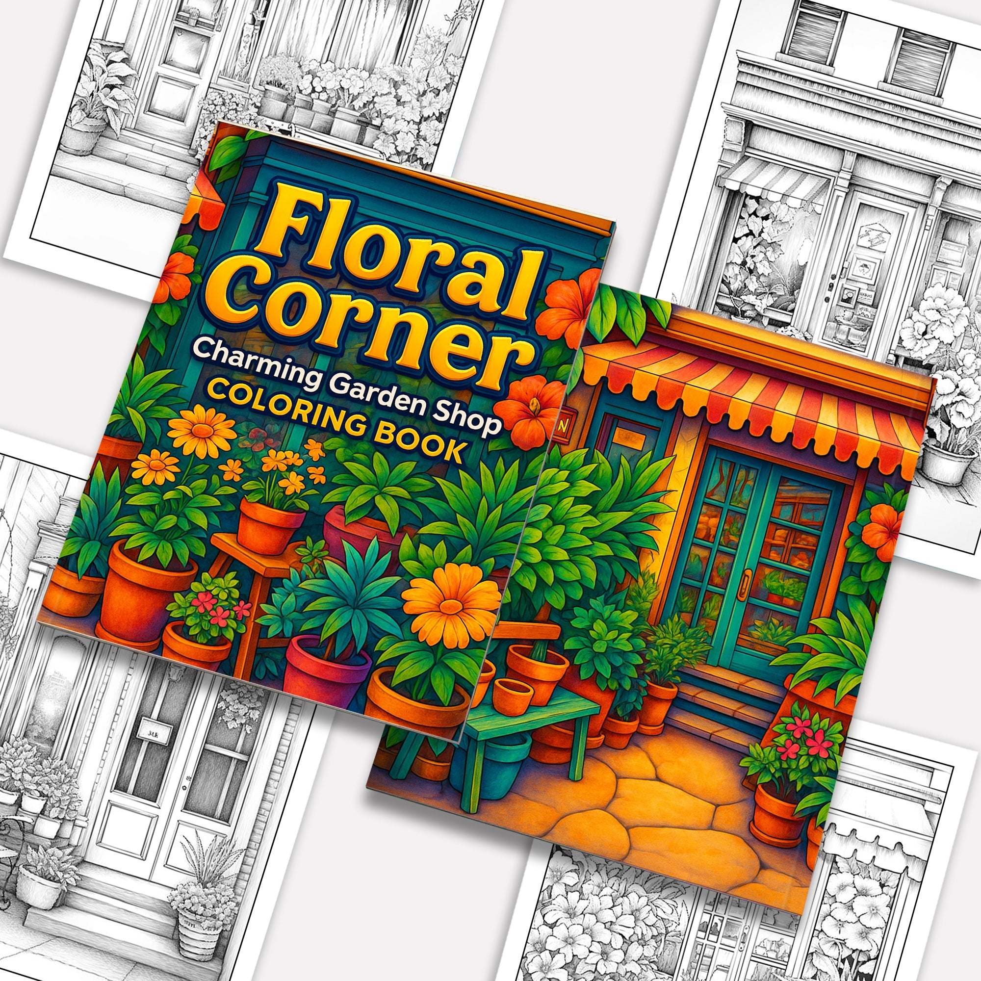 Floral Corner Coloring Pages – 48 Pages – Plant Shop Scene, Pots & Leaves, Peaceful Garden – For Adults