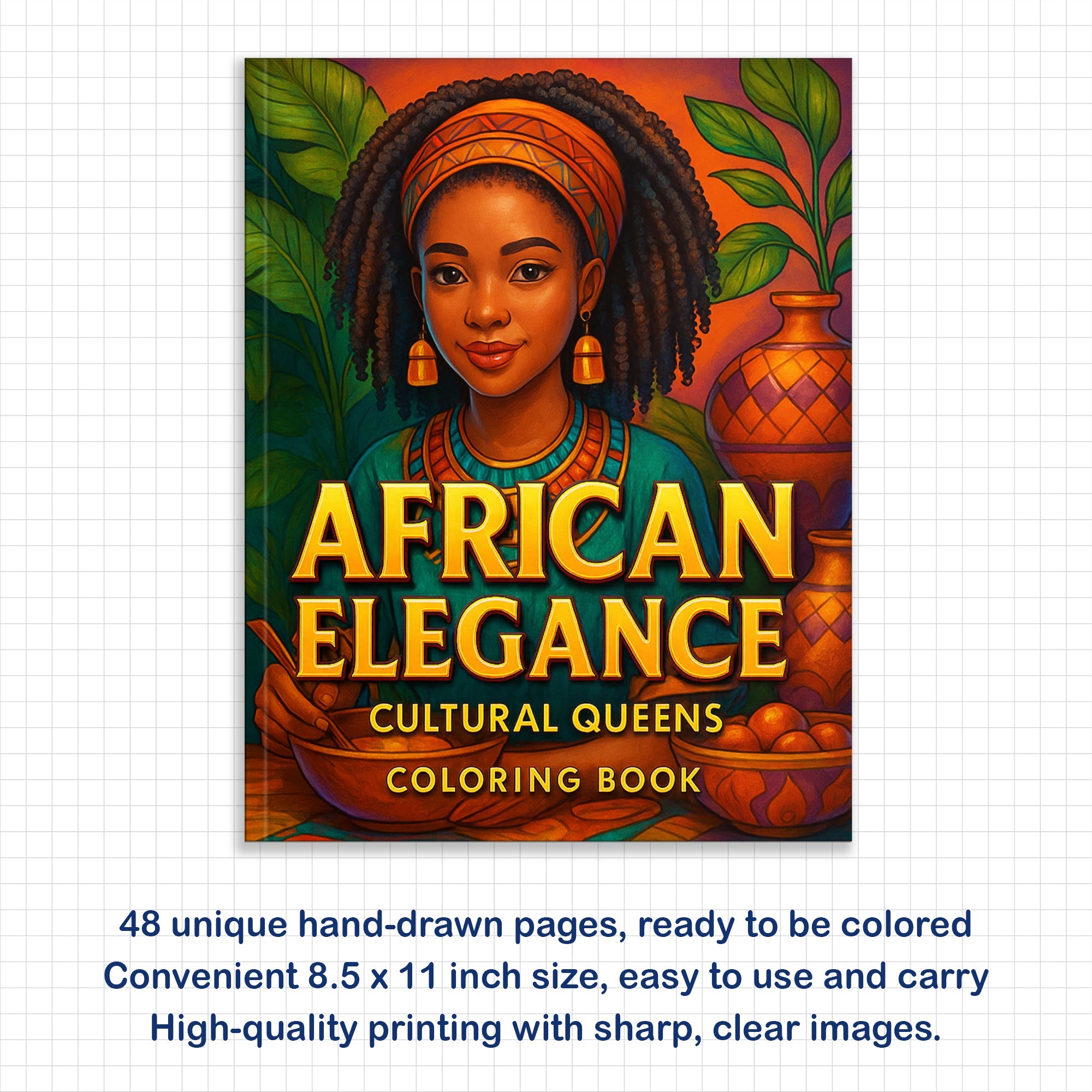 African Elegance Coloring Pages – 48 Pages – Beautiful Cultural Queens Portraits – For Adults