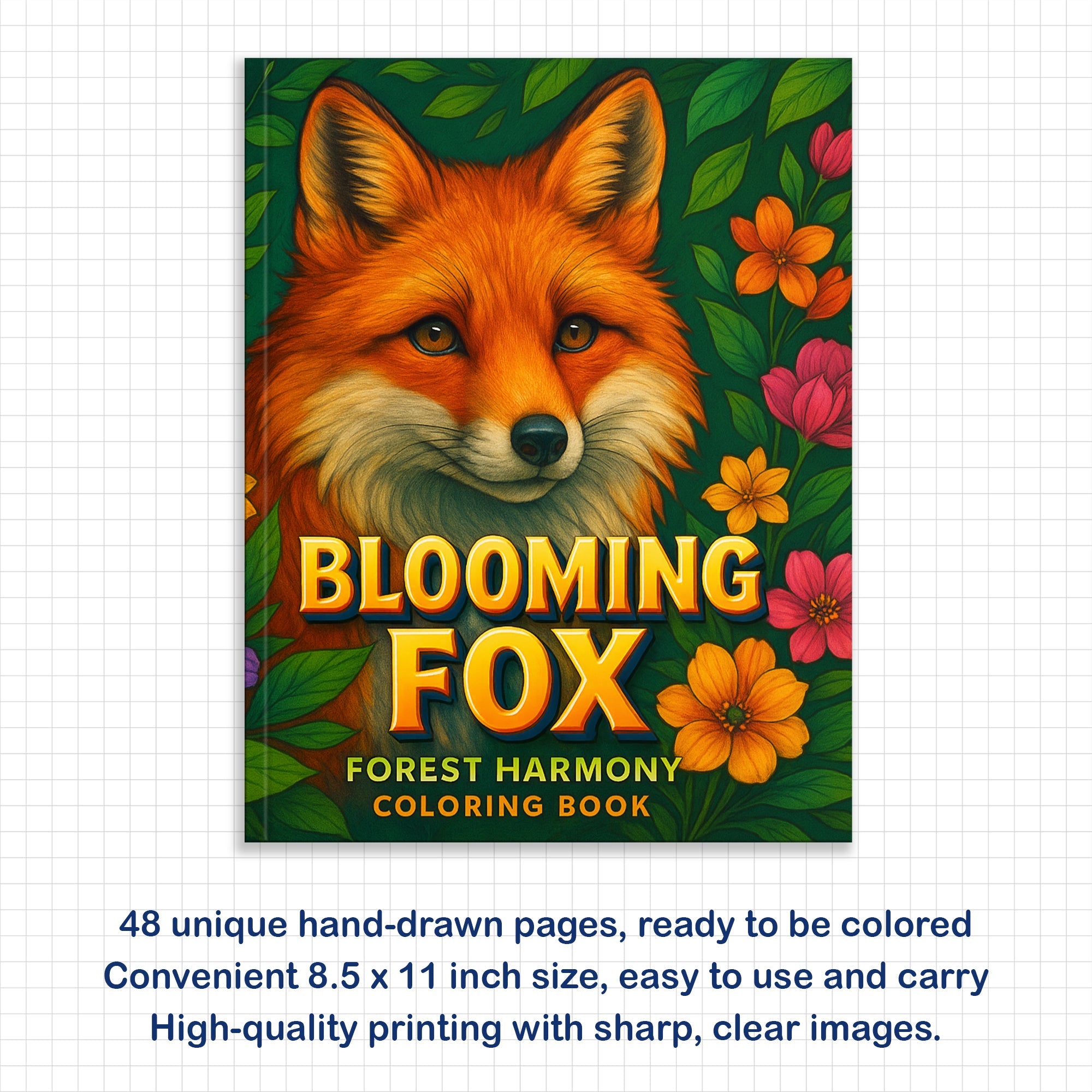 Blooming Fox Coloring Pages – 48 Pages – Charming Foxes, Floral Harmony, Forest Designs – For Adults