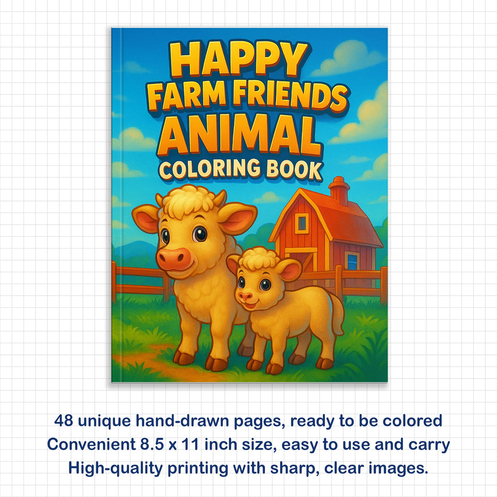 Happy Farm Friends Animal Coloring Pages – 48 Pages – Cute Baby Animals, Farm Scenes – For Kids