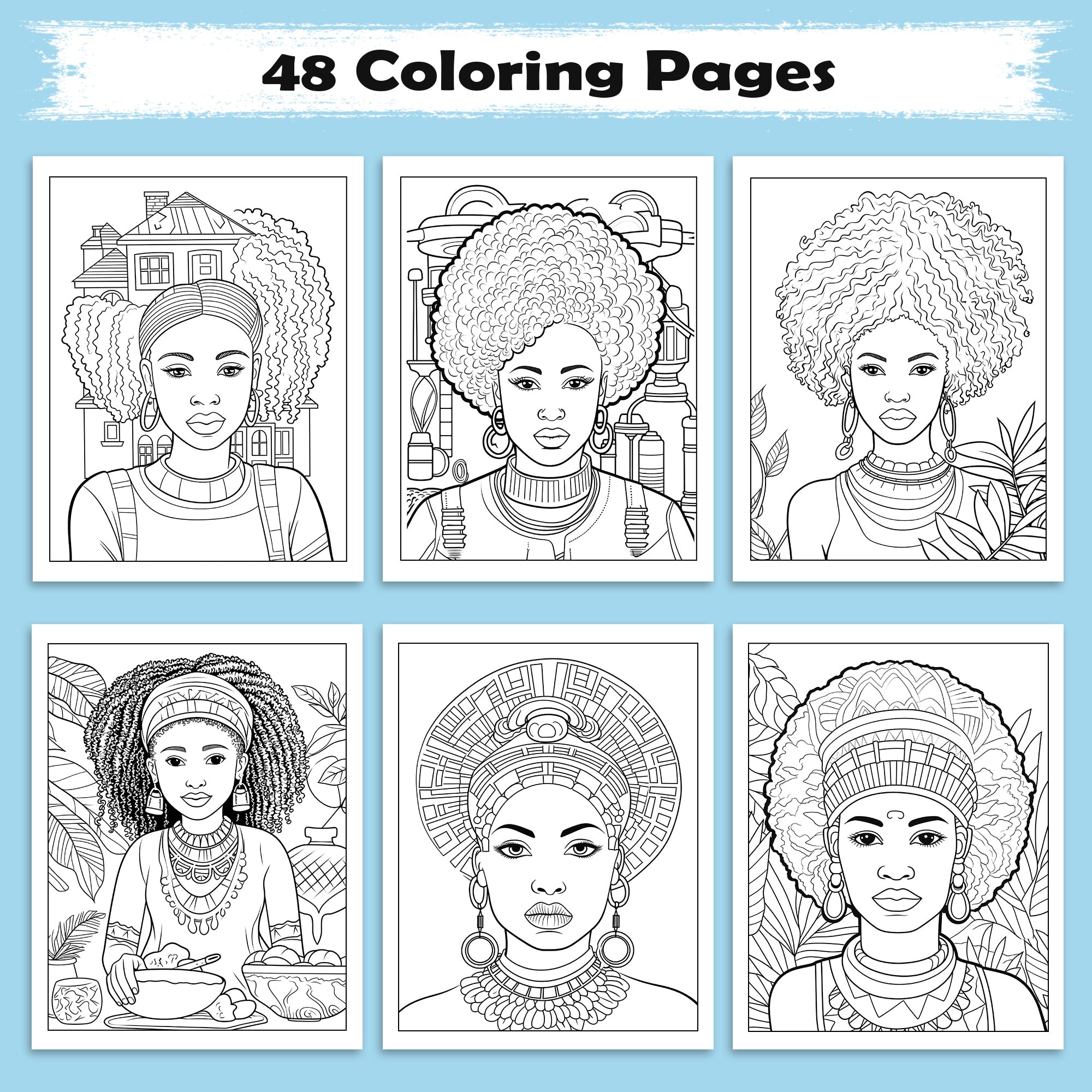 African Elegance Coloring Pages – 48 Pages – Beautiful Cultural Queens Portraits – For Adults