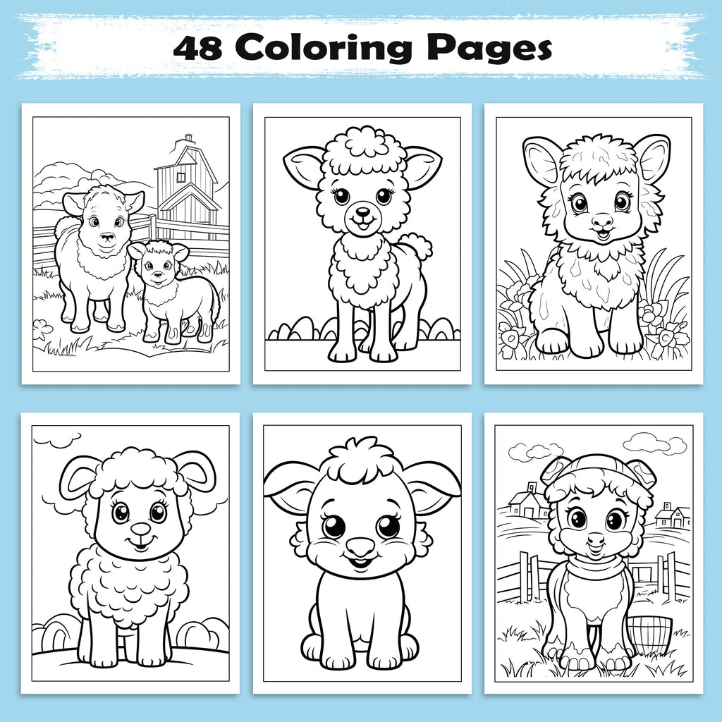 Happy Farm Friends Animal Coloring Pages – 48 Pages – Cute Baby Animals, Farm Scenes – For Kids