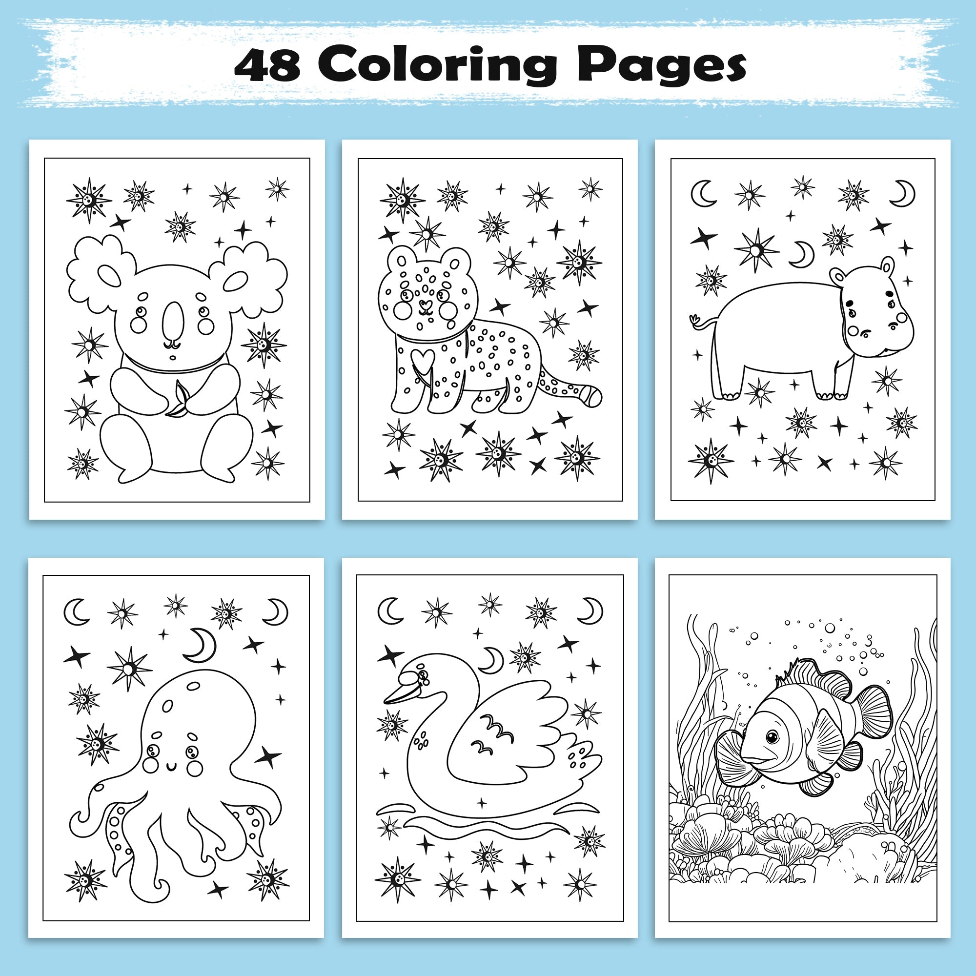 Starlit Friends Coloring Pages – 48 Pages – Cute Night Animals – For Kids
