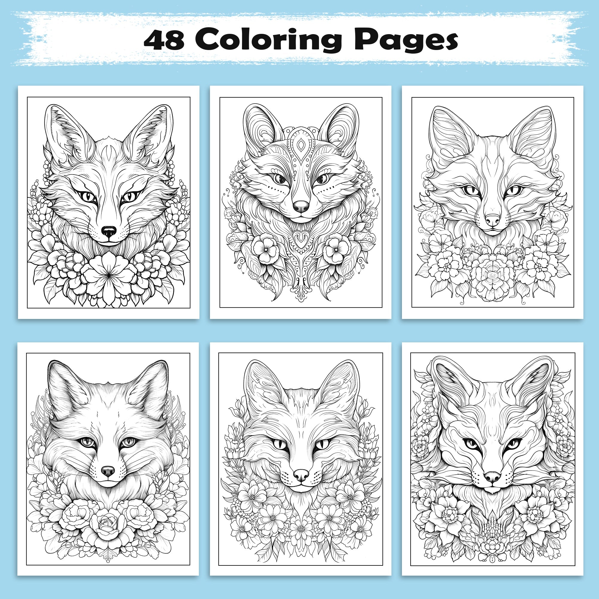 Blooming Fox Coloring Pages – 48 Pages – Charming Foxes, Floral Harmony, Forest Designs – For Adults