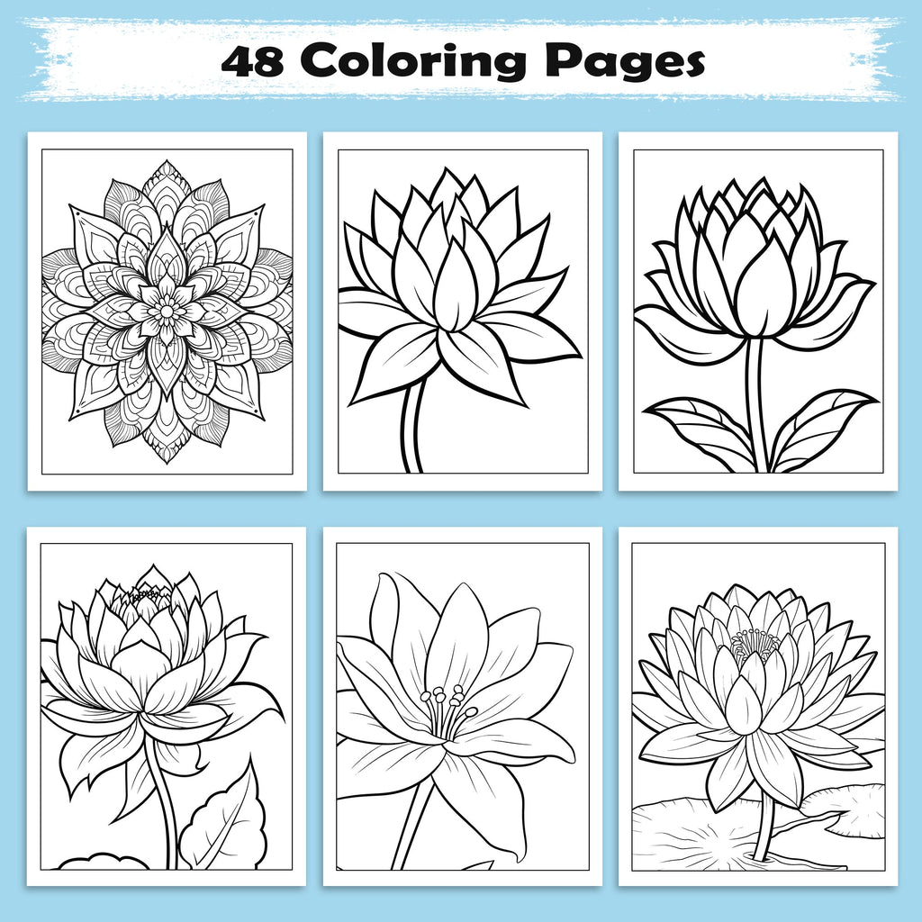Tranquil Blooms Zen Coloring Pages – 48 Pages – Lotus Flowers, Calm Mandalas, Nature Harmony – For Adults
