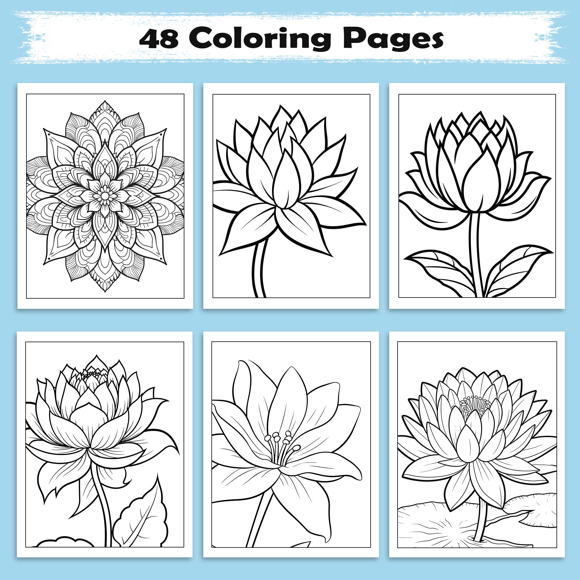 Tranquil Blooms Zen Coloring Pages – 48 Pages – Lotus Flowers, Calm Mandalas, Nature Harmony – For Adults
