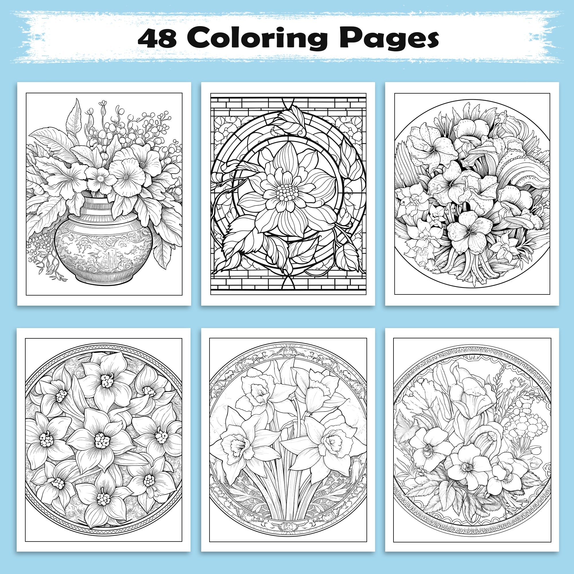 Framed Blooms Vase Coloring Pages – 48 Pages – Beautiful Flowers, Artistic Frames, Vase Designs – For Adults