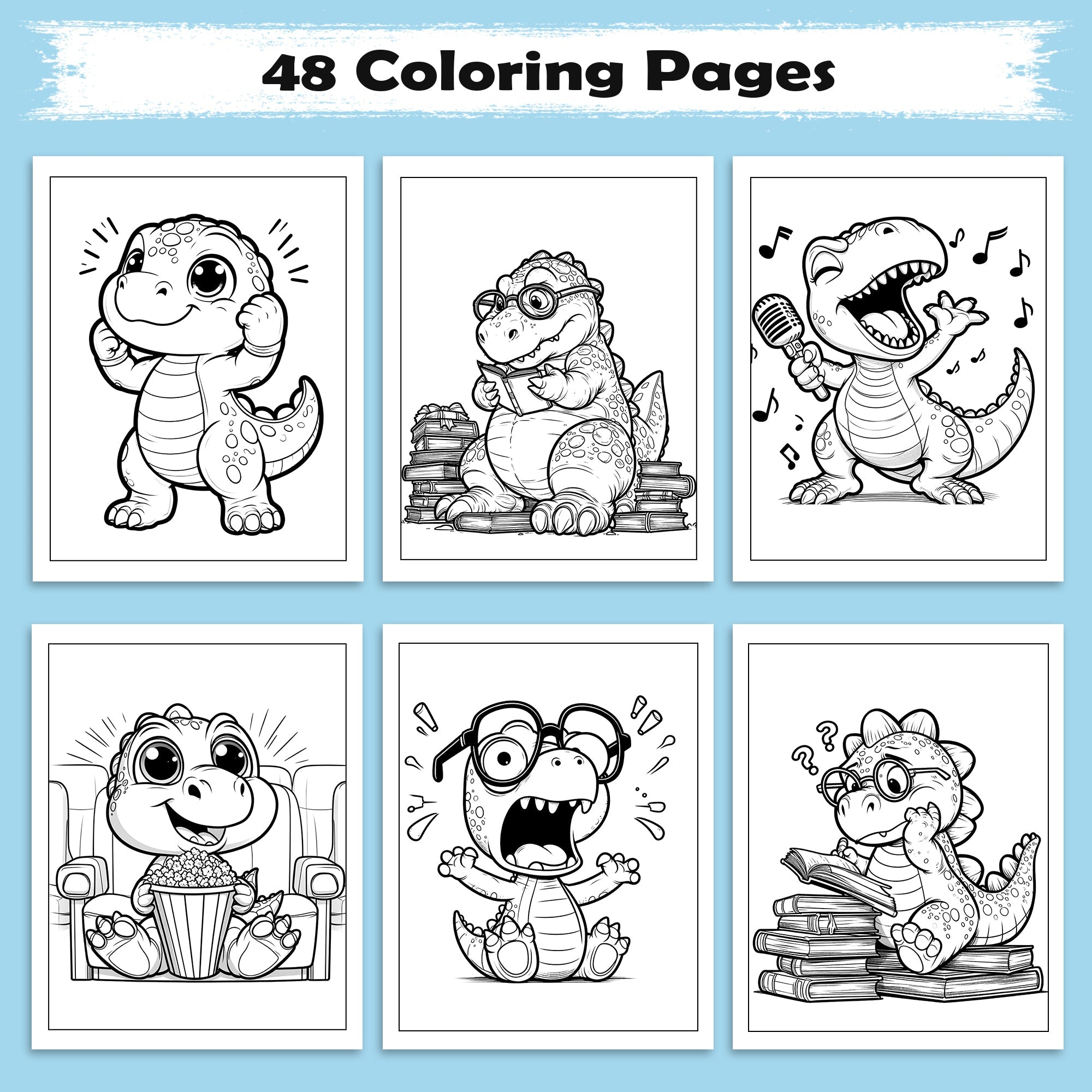 Funny Dino Moments Coloring Pages – 48 Pages – Adorable and Funny Dinosaur Scenes – For Kids