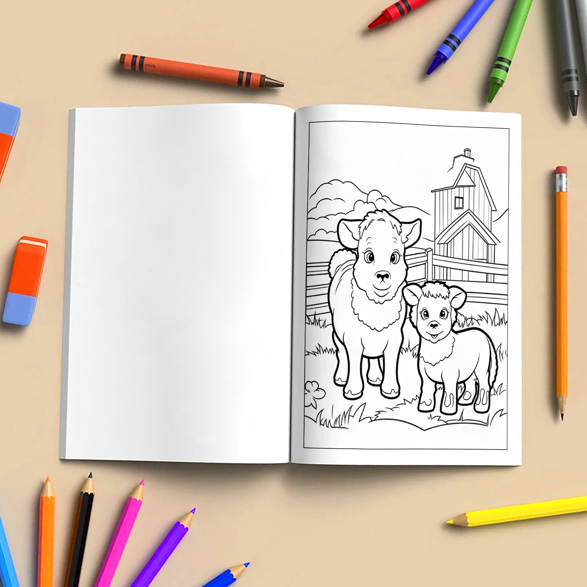 Happy Farm Friends Animal Coloring Pages – 48 Pages – Cute Baby Animals, Farm Scenes – For Kids