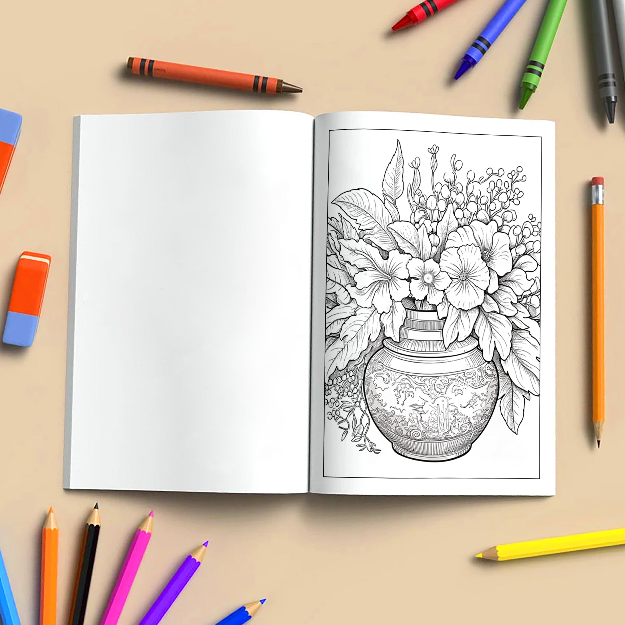 Framed Blooms Vase Coloring Pages – 48 Pages – Beautiful Flowers, Artistic Frames, Vase Designs – For Adults