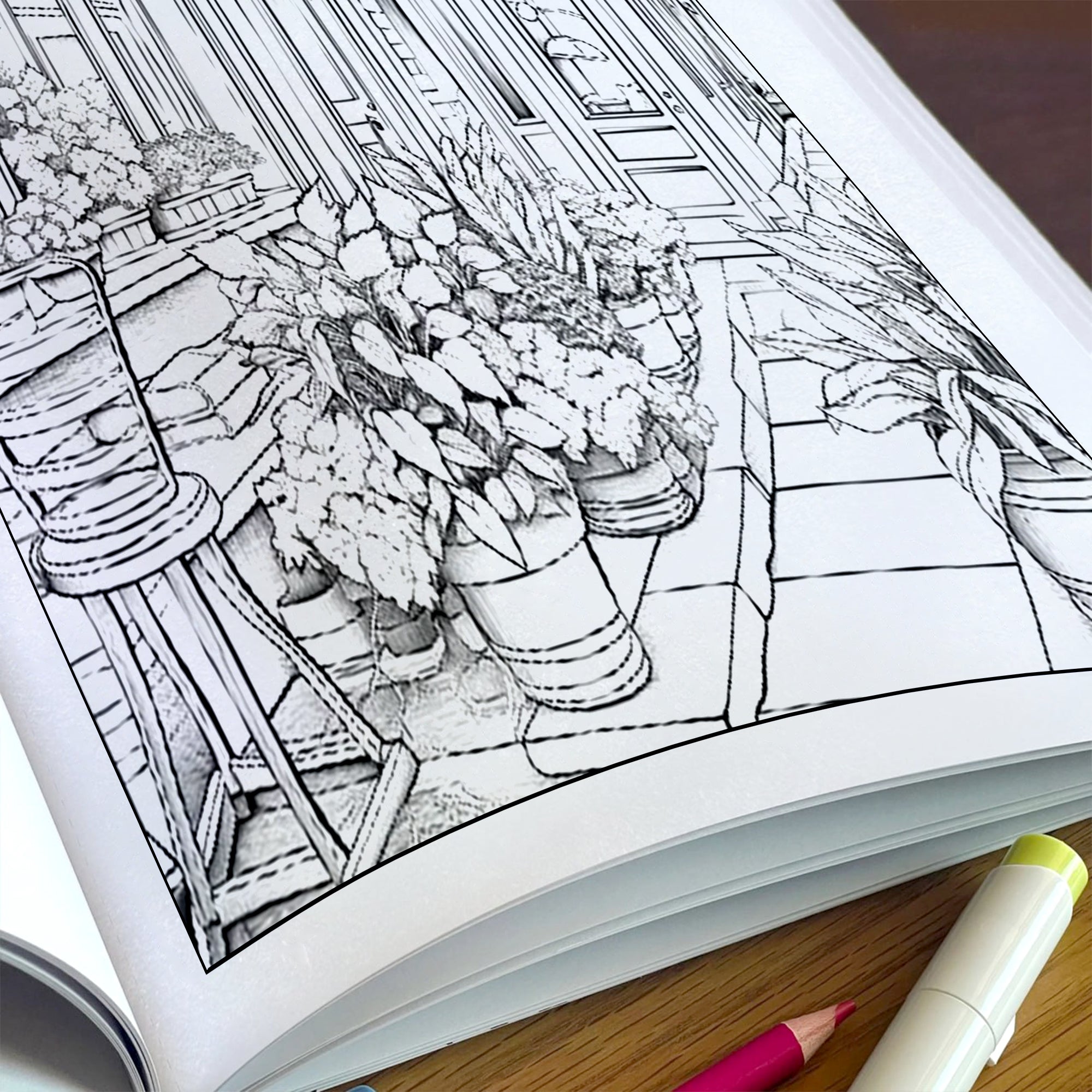 Floral Corner Coloring Pages – 48 Pages – Plant Shop Scene, Pots & Leaves, Peaceful Garden – For Adults