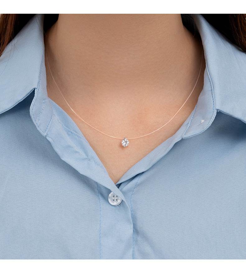 S925 Multicolor Mermaid Tear Floating CZ Necklace, Sterling Silver Invisible Fishing Line 6-8mm Cubic Zirconia Pendant, 40+5cm Adjustable Dainty Minimalist Choker