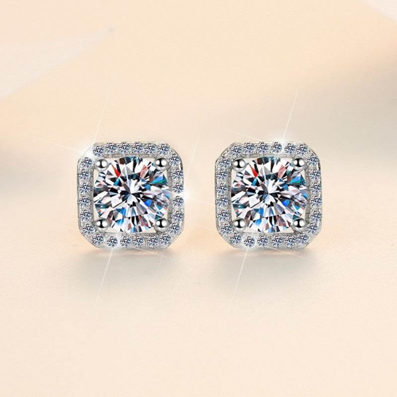 S925 Colorful Moissanite/CZ Square Halo Earrings, 0.5-1ct D-Grade VVS Certificate, Hypoallergenic Sterling Silver Jewelry Gift