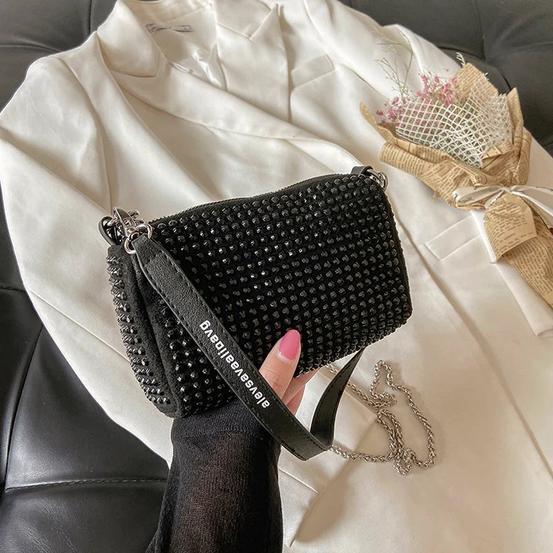 Rhinestone Square Pouch | Full Diamond Underarm Bag & Chain Shoulder Crossbody (Small Handbag, Japanese & Korean Style)