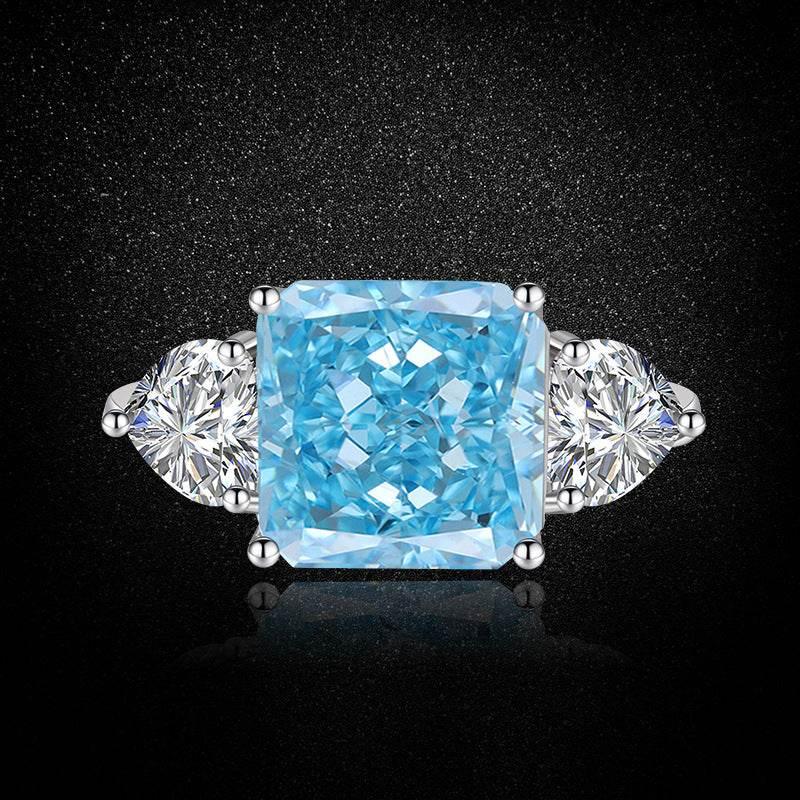 Multicolor Ice Flower Cut Square CZ Adjustable Ring, Blue & Green 10*10mm 8A Main Cubic Zirconia, Two Heart Side CZ, Dainty Luxe