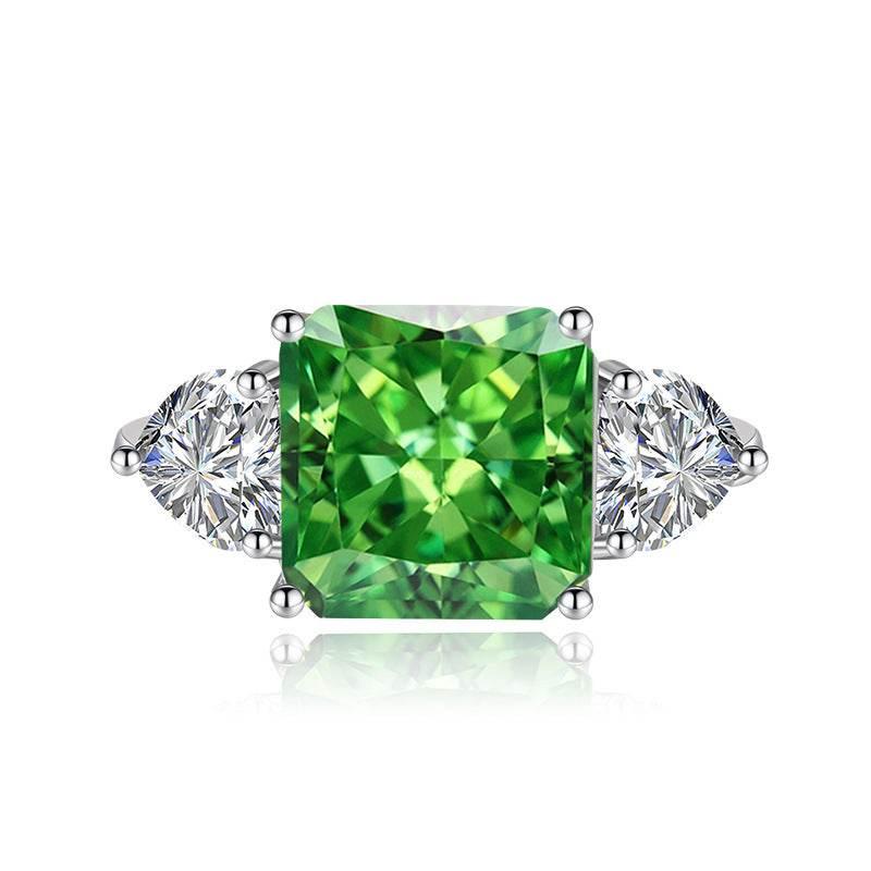 Multicolor Ice Flower Cut Square CZ Adjustable Ring, Blue & Green 10*10mm 8A Main Cubic Zirconia, Two Heart Side CZ, Dainty Luxe