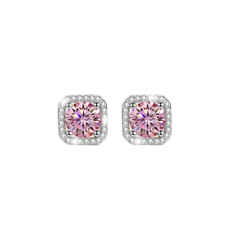 S925 Colorful Moissanite/CZ Square Halo Earrings, 0.5-1ct D-Grade VVS Certificate, Hypoallergenic Sterling Silver Jewelry Gift